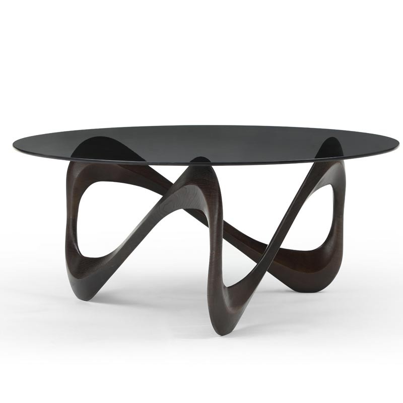 table basse ontario pied noyer volute plateau verre noir fumé